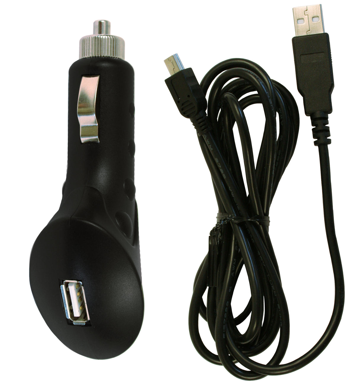 The included power supply plugs into a vehicle's power port or cigarette lighter.