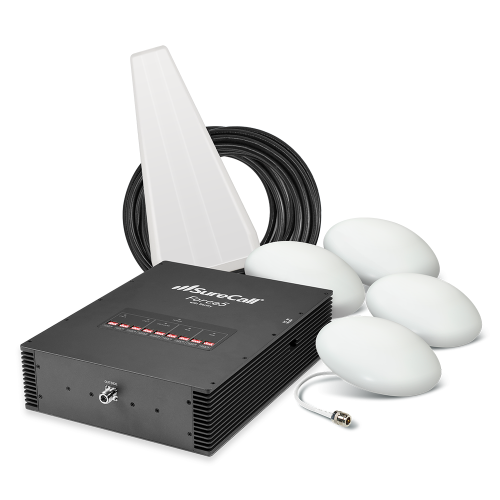 SureCall Force5 2.0 Enterprise Signal Booster for Voice, 3G & 4G LTE - Yagi/4 Ultra Thin Dome Kit